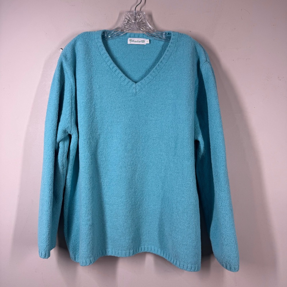 Lulu-B Turquoise Blue Boucle Knit V-Neck Sweater Womens Sz XL Long Sleeve Soft